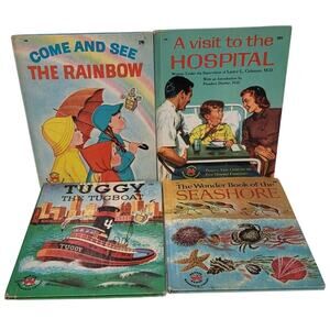 4 Vintage 1950s-60s Wonder Books Tuggy Tugboat Rainbow Hospital Seashore Lot